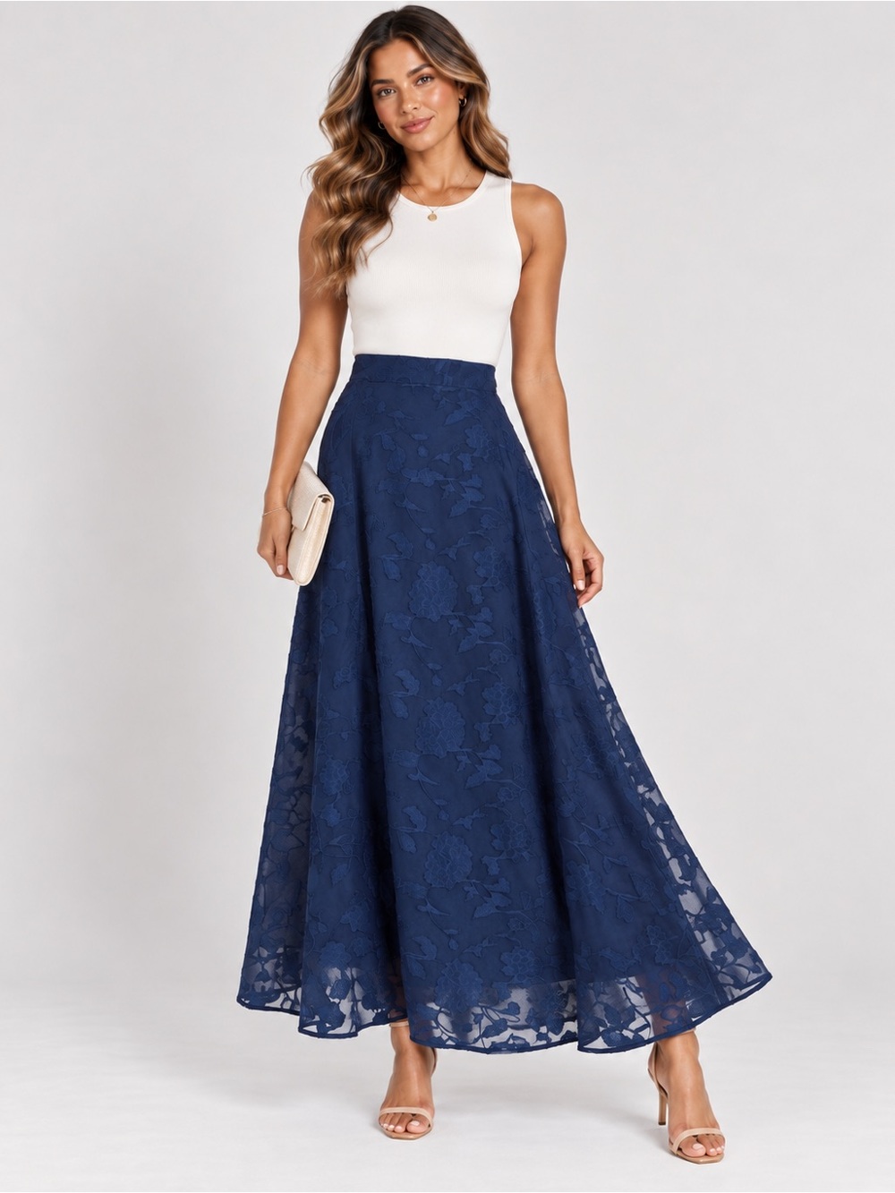 Navy Floral Lace A-Line Maxi Skirt Size Small NWT